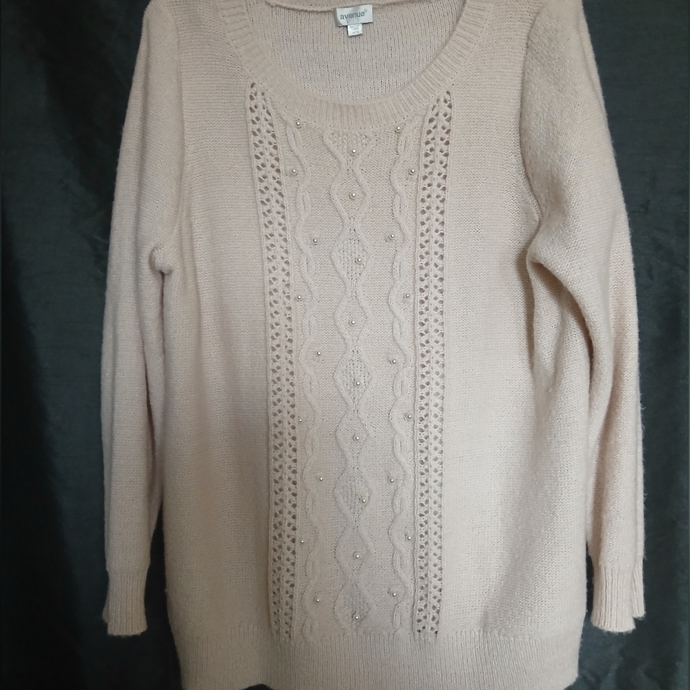 Avenue Cable Knit Sweater With Faux Pearl Embellishments.